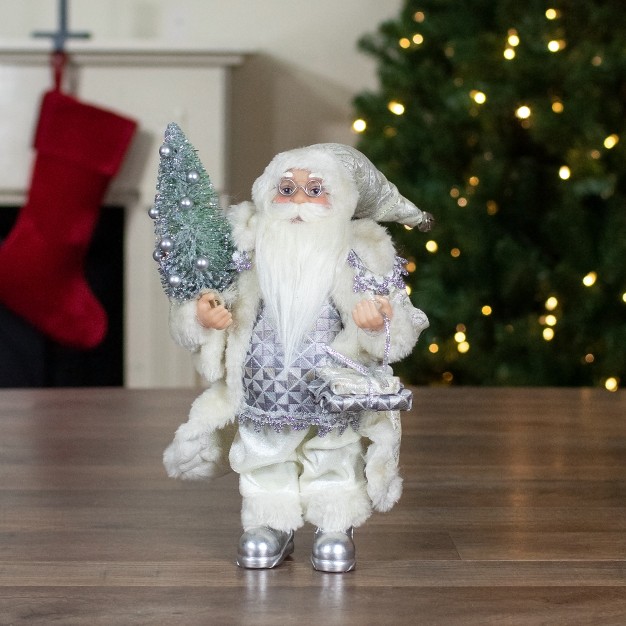 Ivory Standing Santa Christmas Figure Carrying A Green Pine Tree