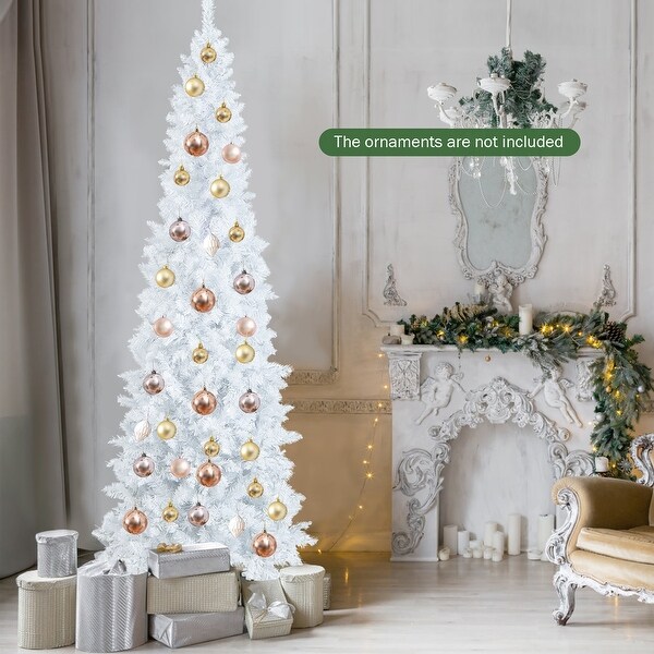 Costway 7FT PreLit Hinged Pencil Christmas Tree White w/ 300 LED