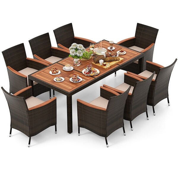 Gymax 9PCS Wicker Dining Set Acacia Wood Table Top Umbrella Hole