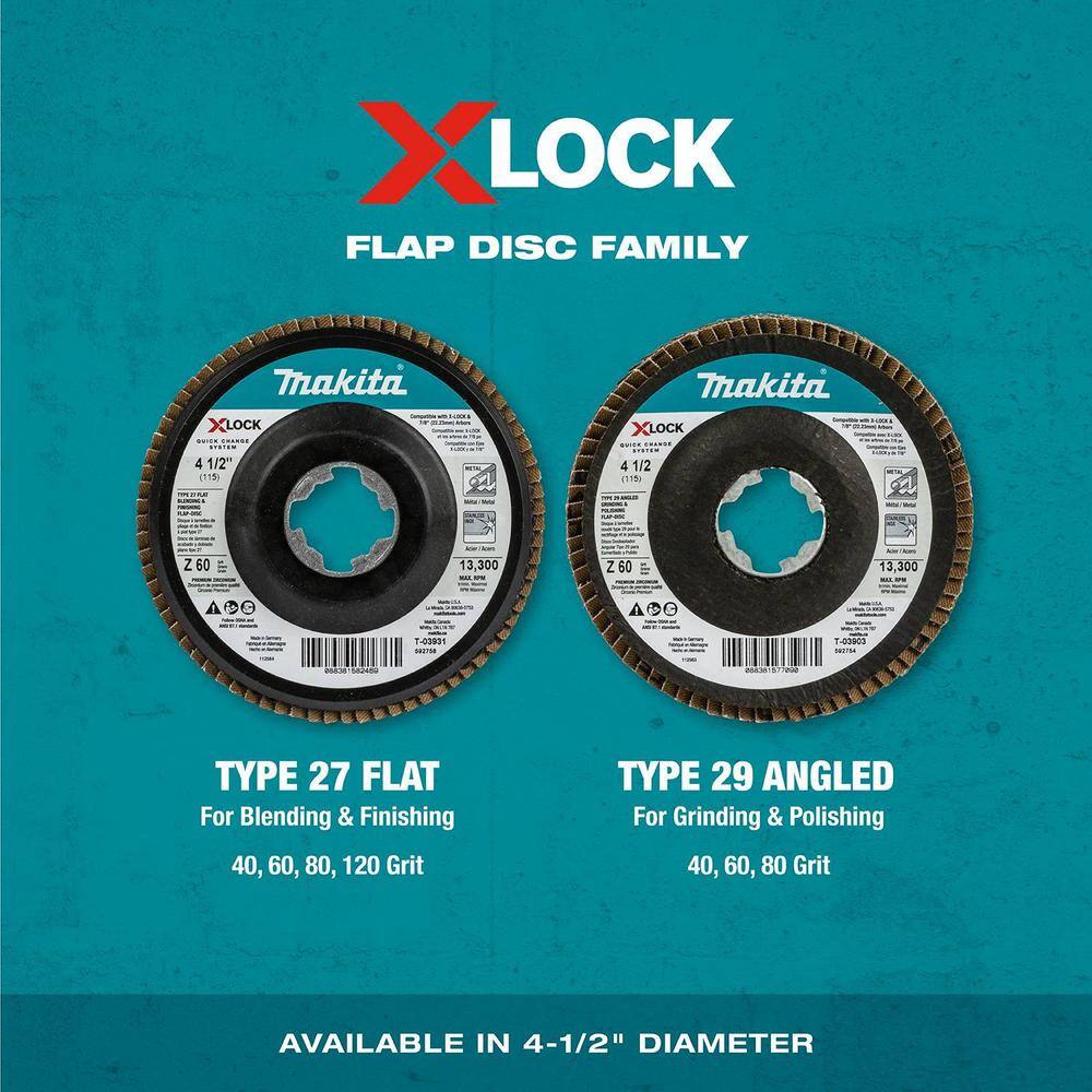 Makita X-LOCK 4‑12 in. 60 Grit Type 29 Angled Grinding and Polishing Flap Disc X-LOCK and All 78 in. Arbor Grinders (3-Pack) T-03903-3