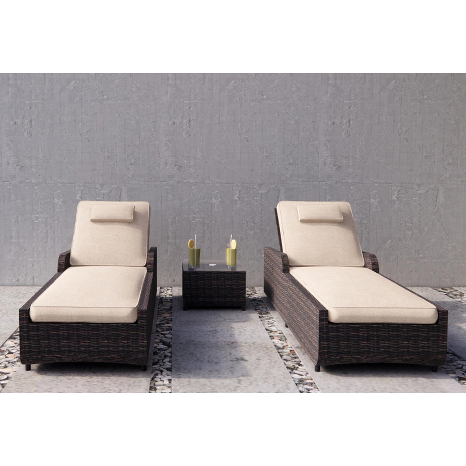 3-Pieces Outdoor Aluminum Adjustable Wicker Chaise Lounge Set