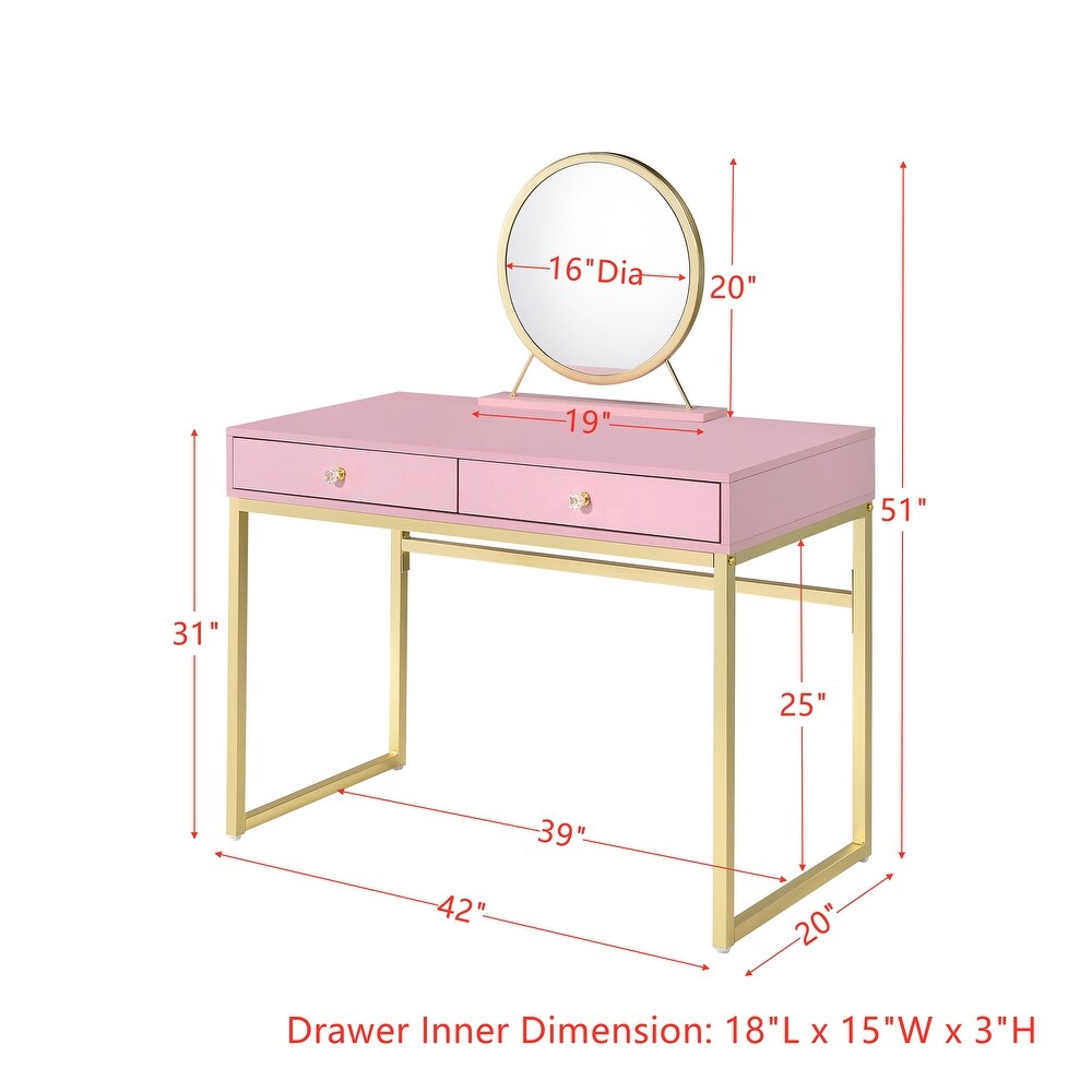 Gold Finish Vanity Desk with Mirror and Jewelry Tray