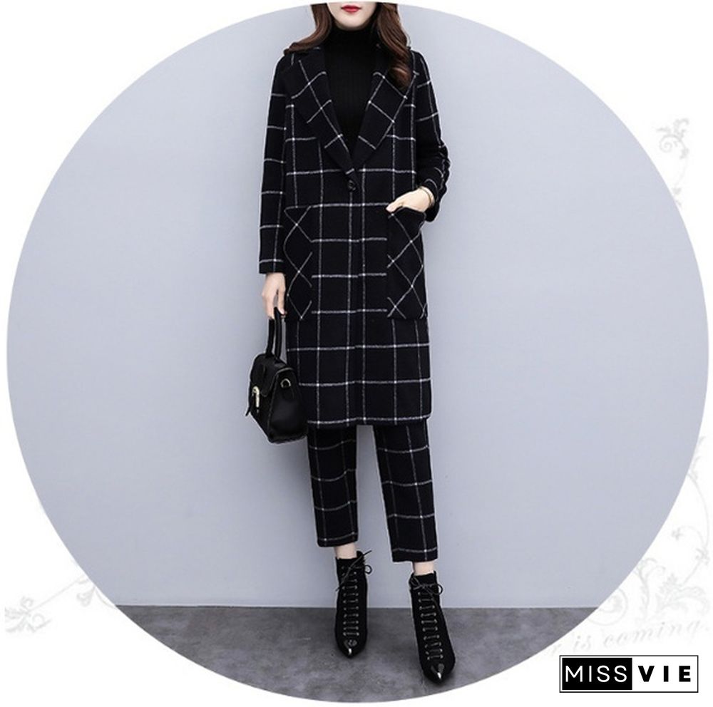 Winter Black Woolen Plaid Two Piece Sets Outfits Women Plus Size Long Coat And Pants Suits Elegant Fashion Office Sets