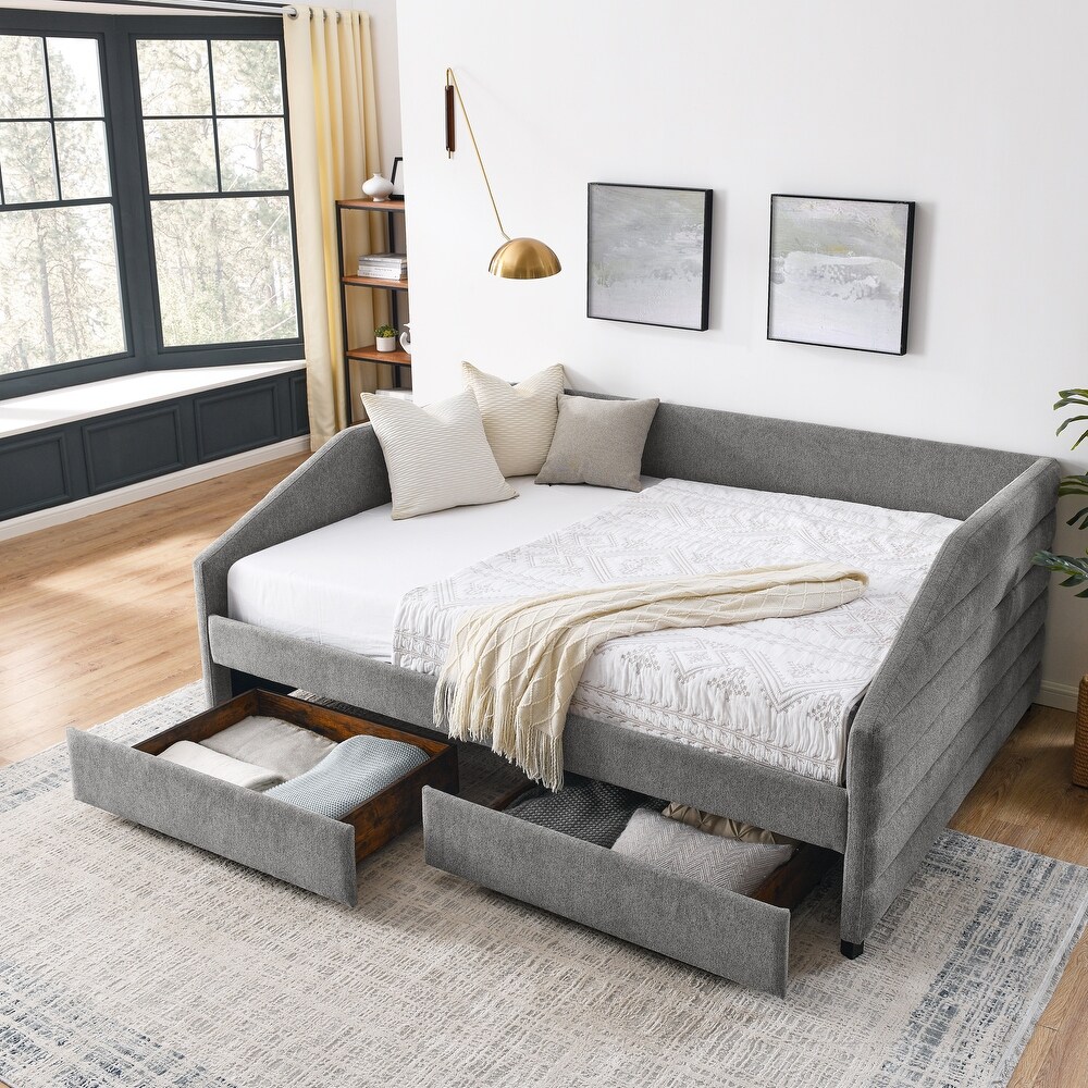 Linen Fabric Tufted Daybed with Drawers