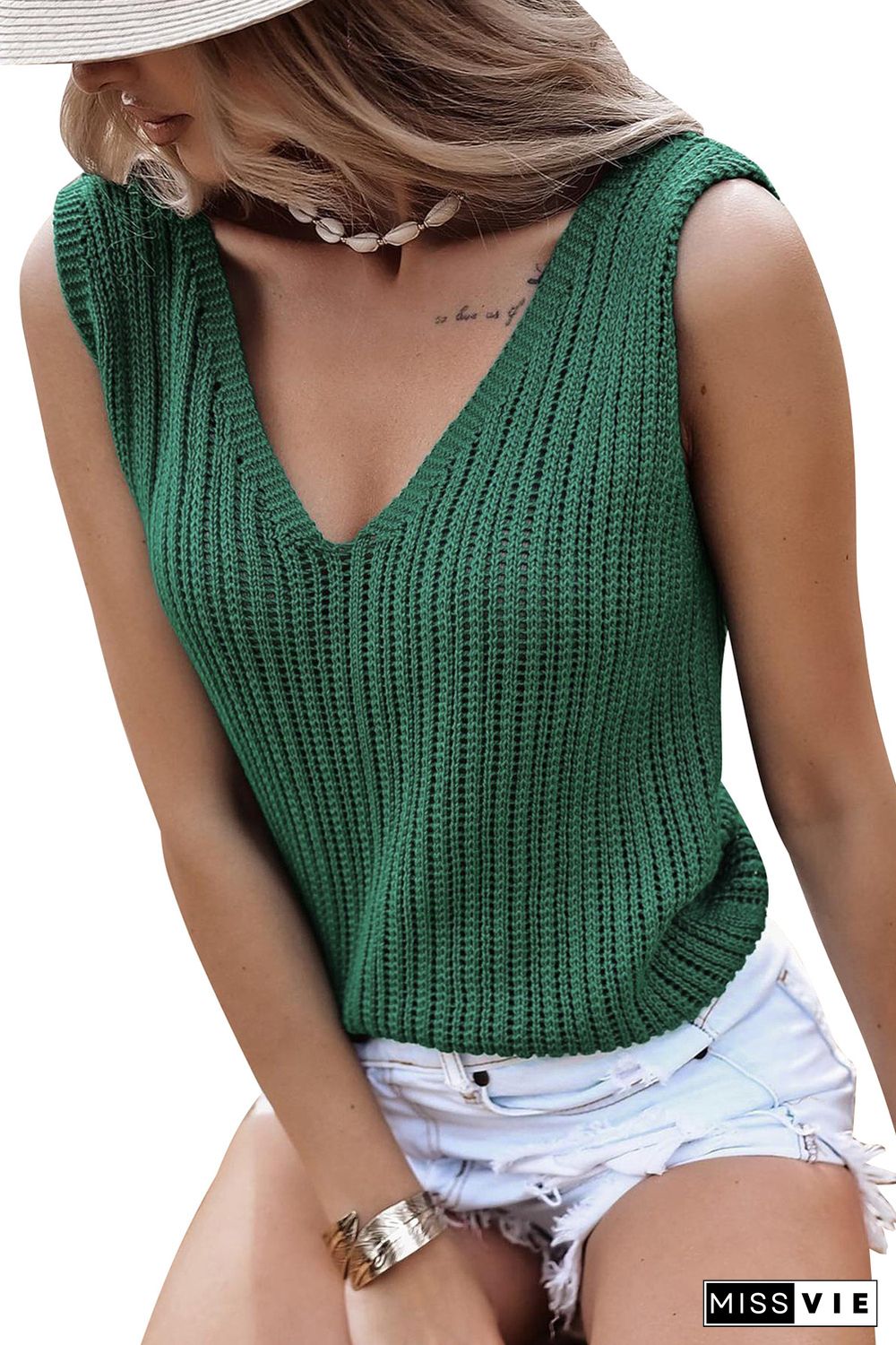 Green Hollowed Knit V Neck Tank Top