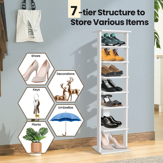 Tangkula 7 tier Wooden Shoe Rack Narrow Vertical Shoe Stand Storage Display Shelf White