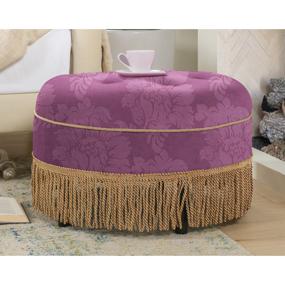 Yolanda 24 quotRound Upholstered Accent Ottoman  Purple Floral Sateen Jacquard   Traditional   Footstools And Ottomans   by Jennifer Taylor Home  Houzz