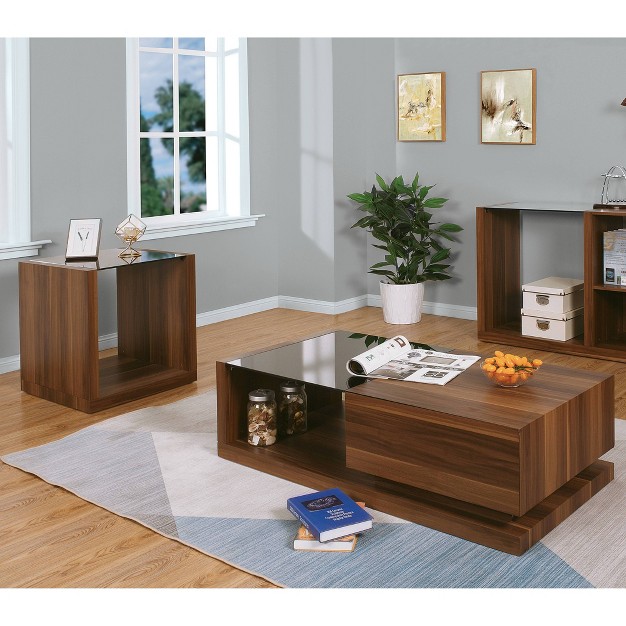 2pc Glena Coffee And End Table Set With Black Tempered Glass Insert Dark Walnut Mibasics