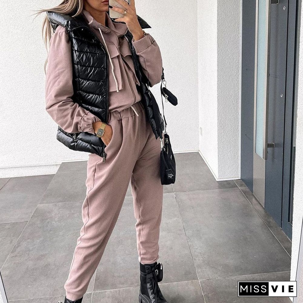 Spring Autumn Sportswear Outfits Women Fashion Zipper Cardigan And Elastic Waist Pants Tracksuit Casual Solid 2pcs Suit Set