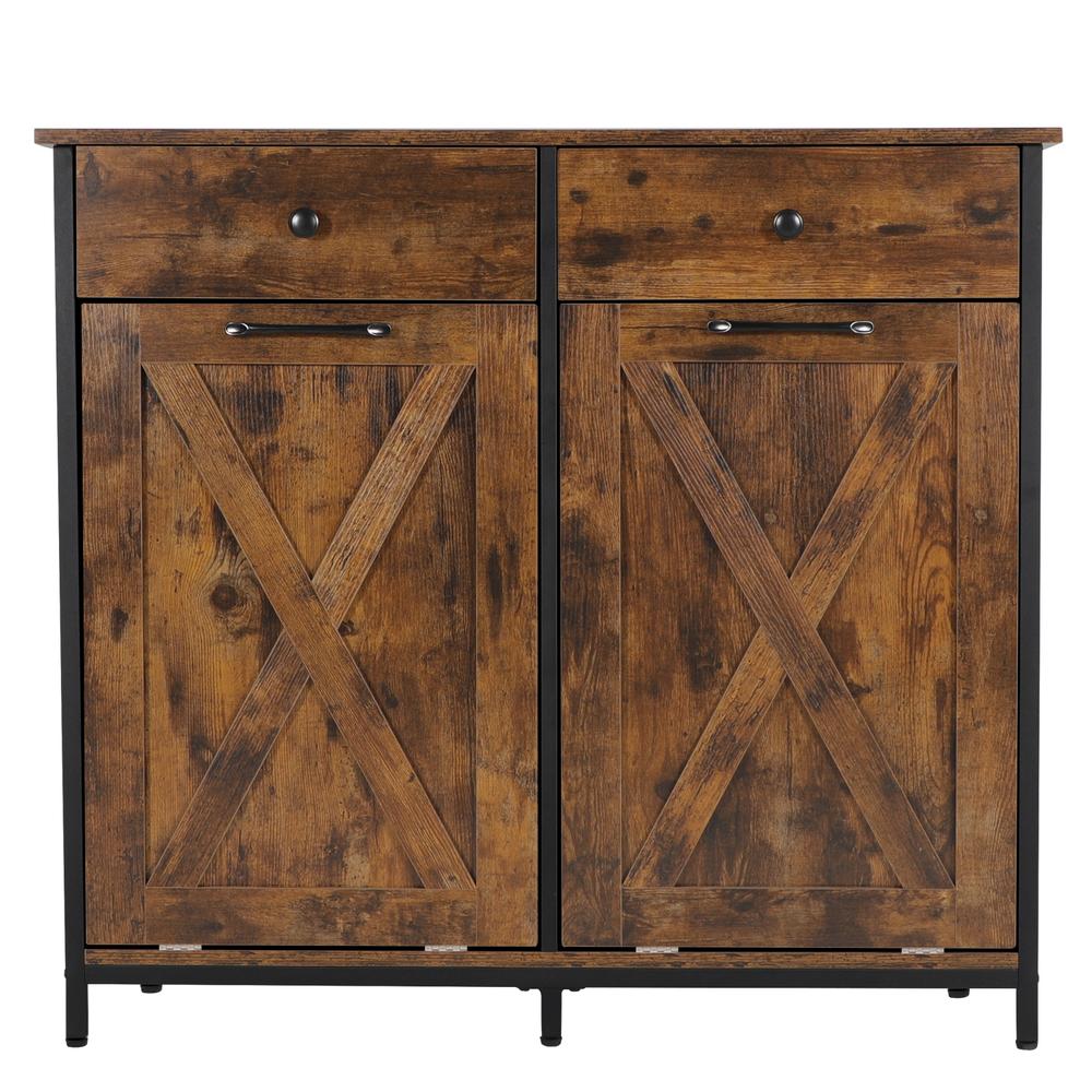 Eclife 39.4 Double Style Tilt Out Trash Cabinet Dual Rustic Wooden Kitchen Trash Cabinet with Barn Door and Solid Hideaway Drawer