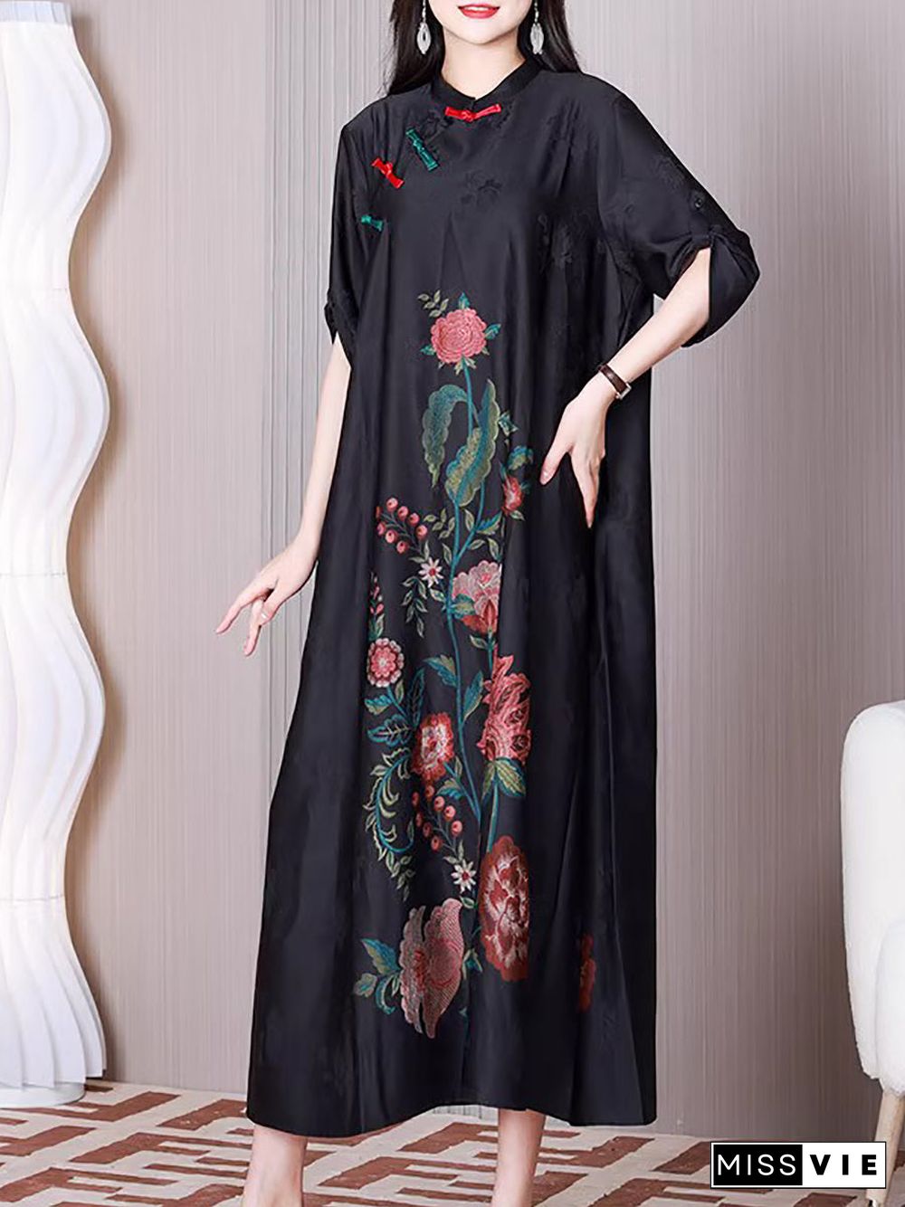 Plus Size Women Ethnic Flower A-shape Loose Dress