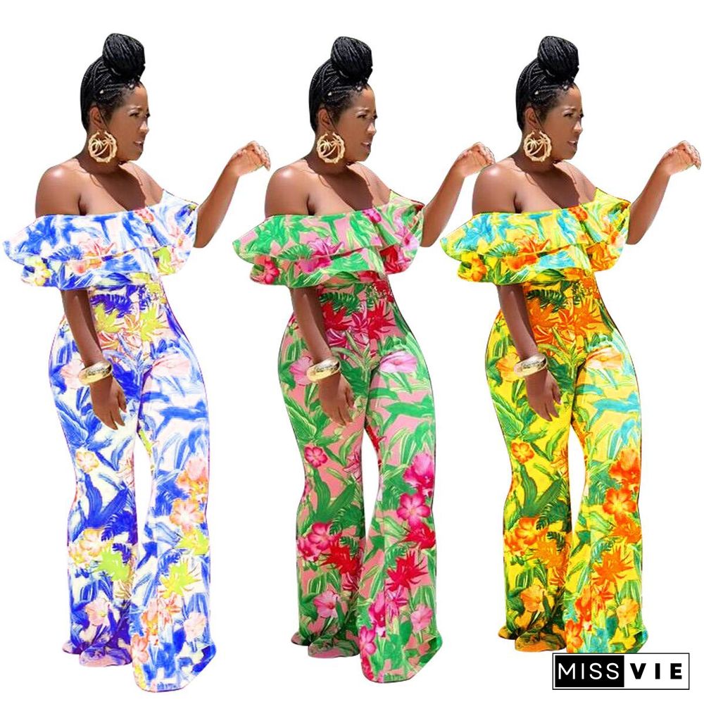 Sexy Off Shoulder Ruffles Floral Printed Wide-legs Jumpsuit