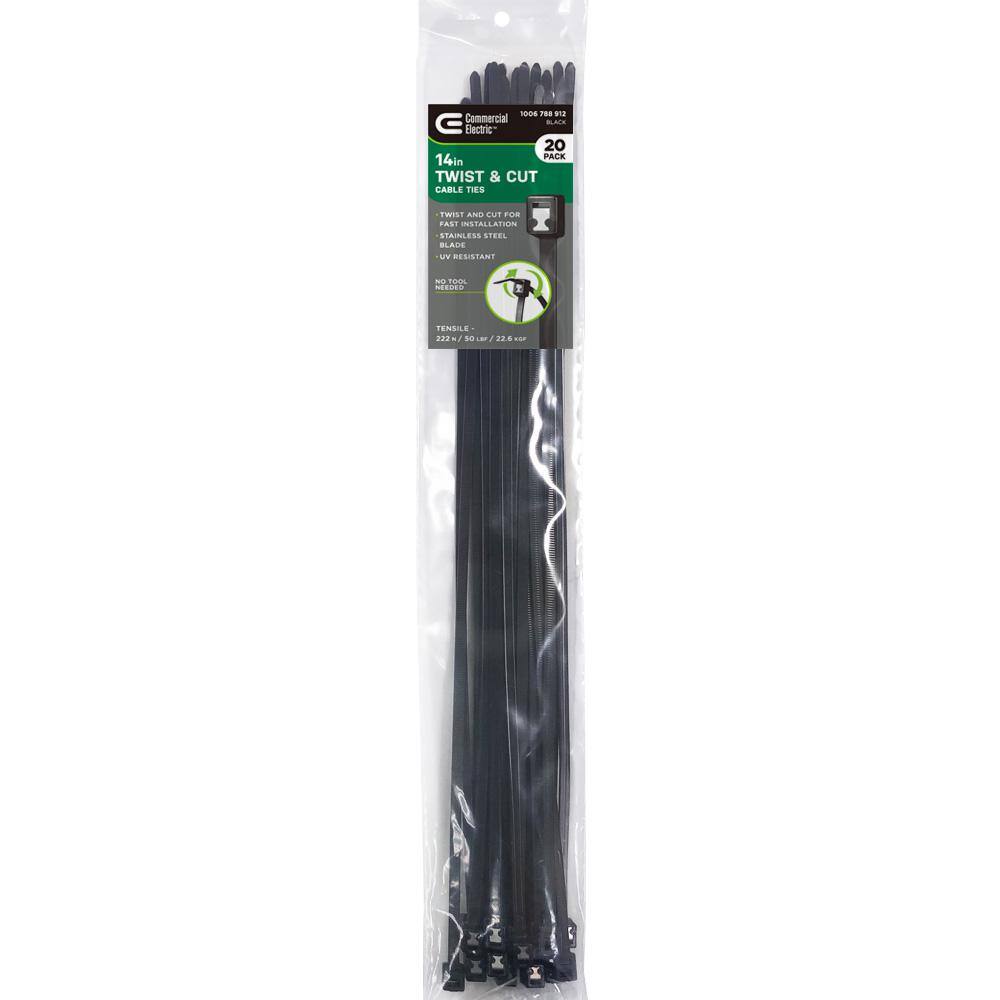 Commercial Electric 14 in. Twist and Cut Cable Tie Black (20-Pack) GTSC-370STUV (20)