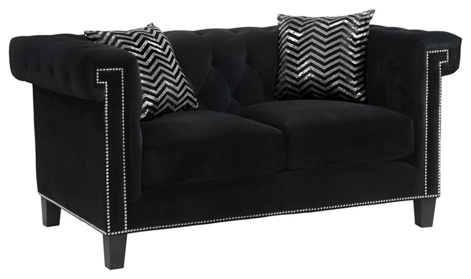 Coaster Reventlow 3 Piece Upholstery Tufted Velvet Sofa Set in Black   Transitional   Living Room Furniture Sets   by Homesquare  Houzz