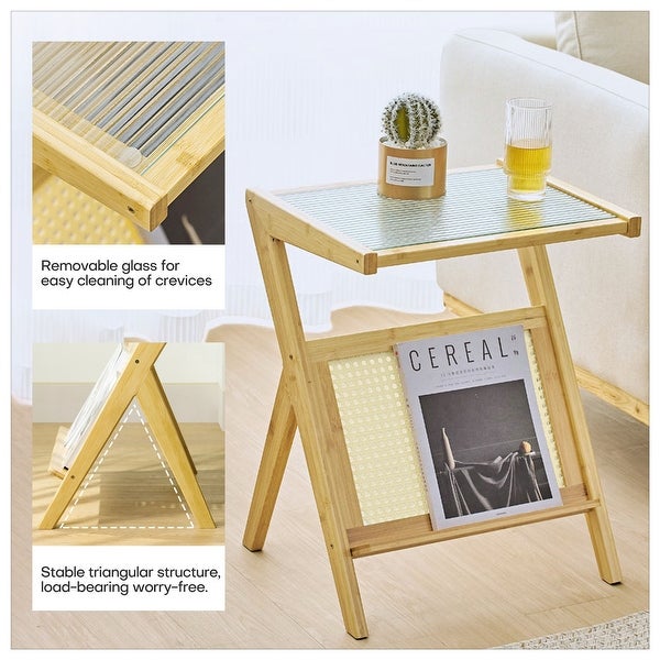 Bamboo Glass-top End Table with Rattan-like Magazine Rack