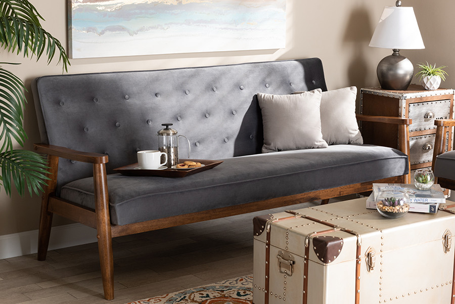 Sorrento Gray Velvet Fabric Upholstered Walnut Finished Wooden 3 seater Sofa   Midcentury   Sofas   by Skyline Decor  Houzz