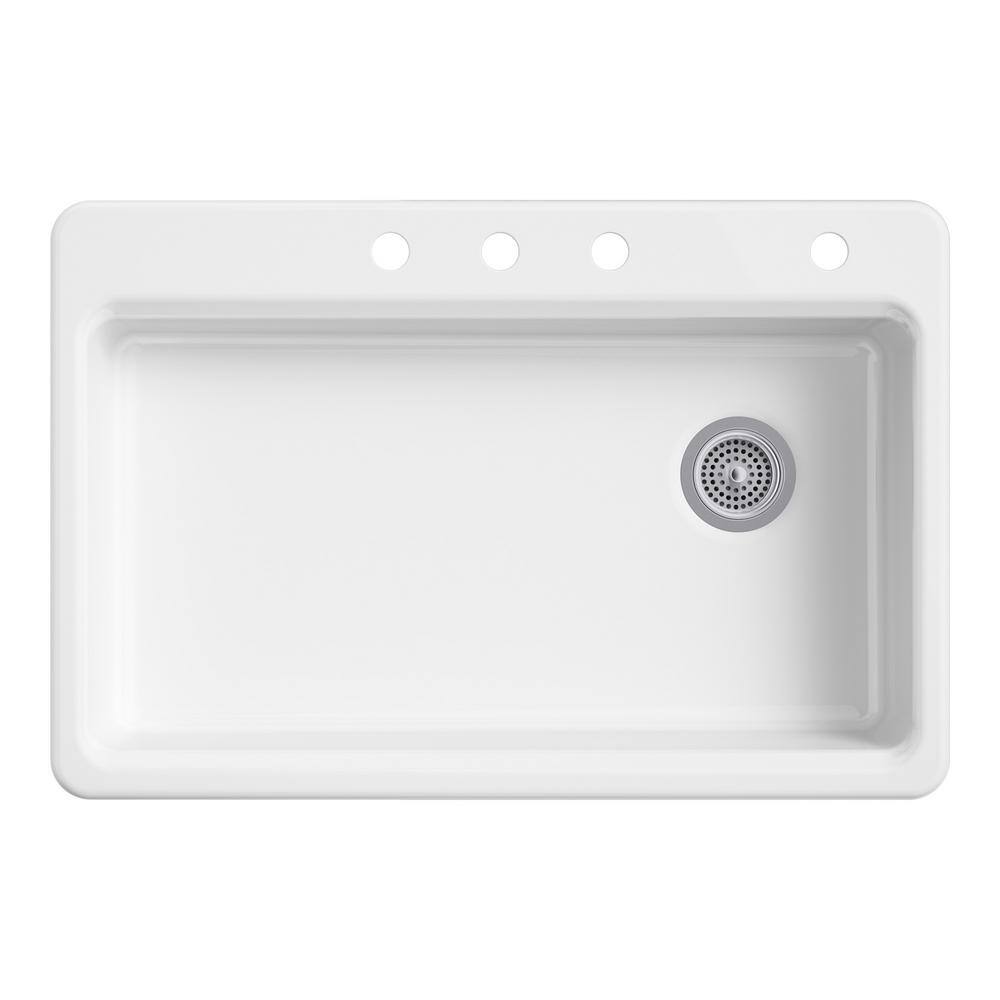 KOHLER Riverby Drop-In Cast Iron 33 in. 4-Hole Single Basin Kitchen Sink in White K-8689-4-0