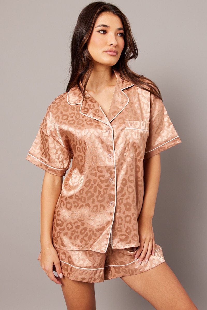 Brown Pj Set Satin Contrast Piping Pyjamas Set