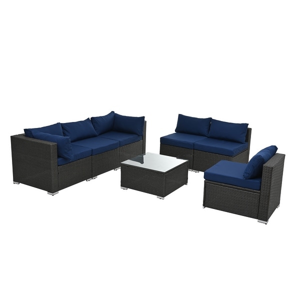 7Pcs Outdoor Sectional Furniture Set，AllWeather PE Rattan Sectional Sofa Conversation Set w/ Coffee Table and Washable Cushions