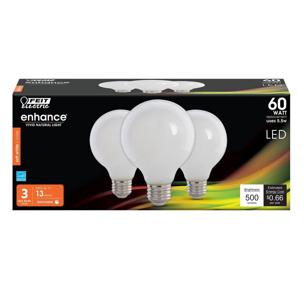 Feit Electric 60-Watt Equivalent G25 Dimmable Filament ENERGY STAR White Glass LED Light Bulb Soft White (3-Pack) G2560W927CAFIL3RP