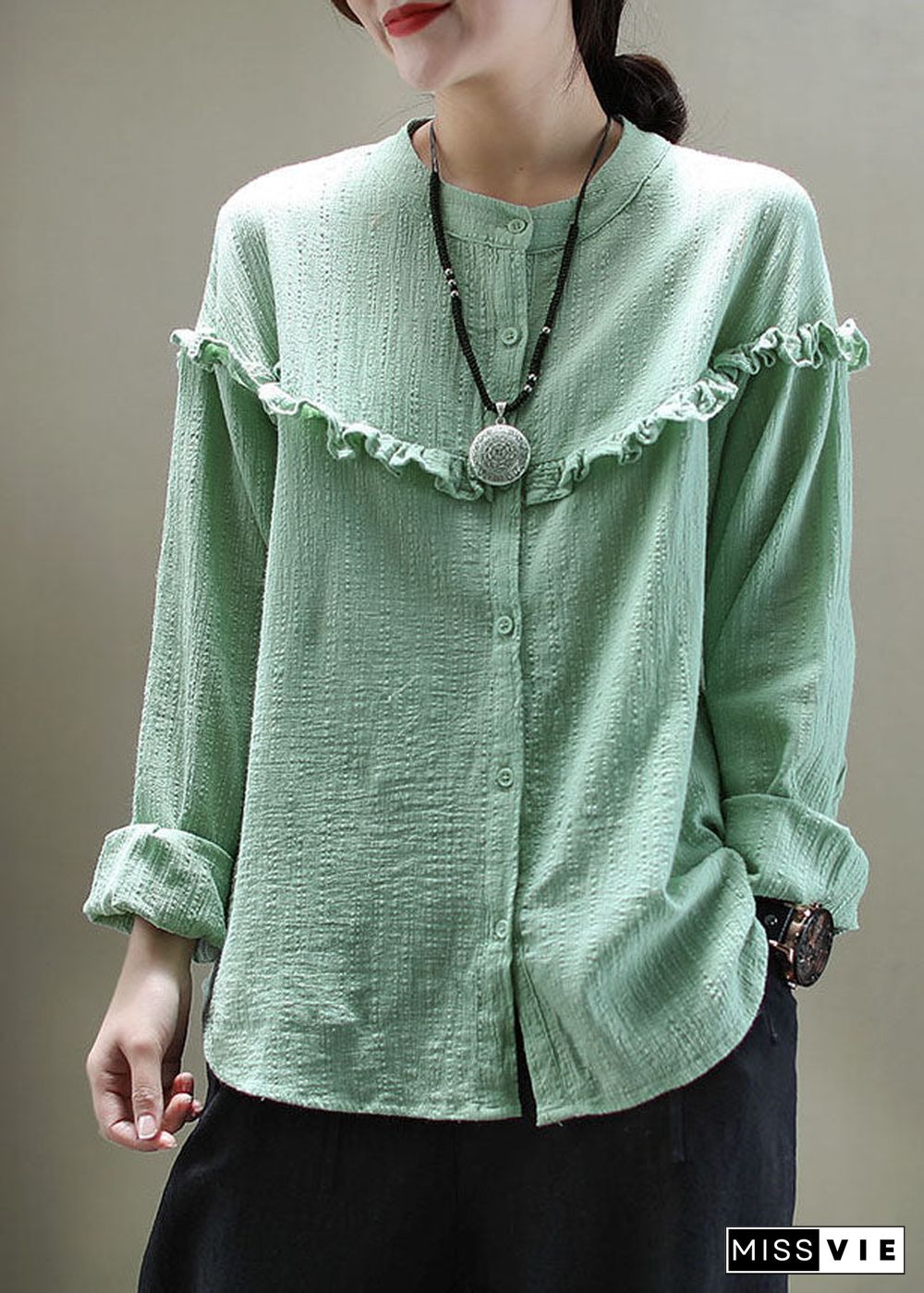 Casual Green Ruffled Button Patchwork Cotton Blouse Tops Long Sleeve