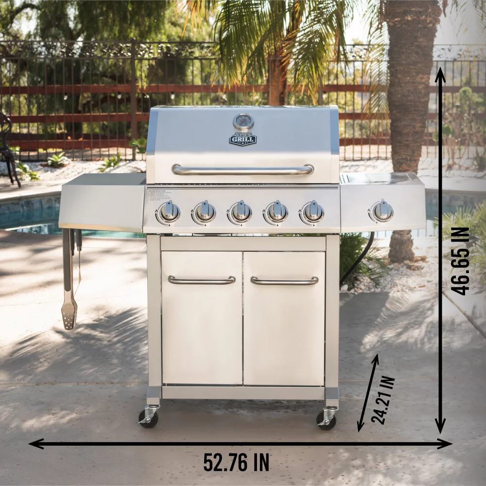 Expert Grill 5 Burner Propane Gas Grill with Side Burner， 62，000 BTUs， 651 Sq. In. Total Cooking Area， Stainless Steel