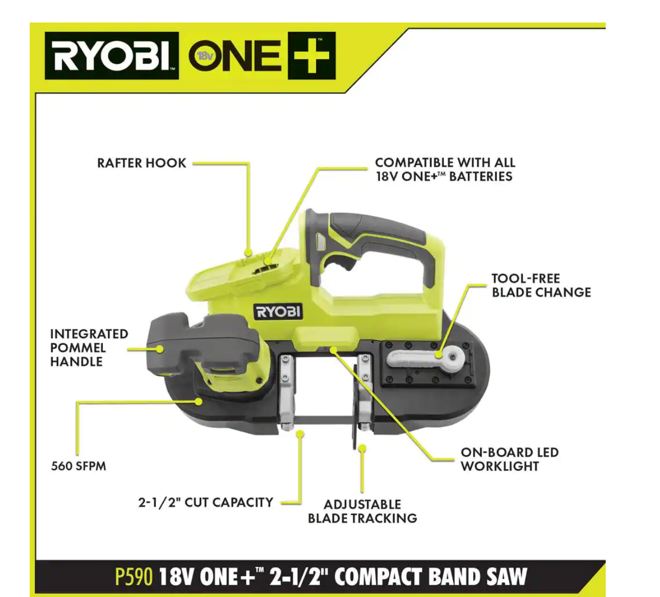 RYOBI P590-PSK005 ONE+ 18V Cordless 2-1/2 in. Compact Band Saw with 2.0 Ah Battery and Charger