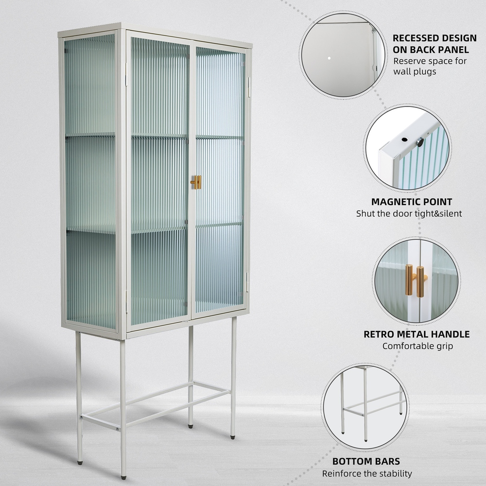 Retro Style Glass High Cabinet with Three Wide Enclosed Shelves