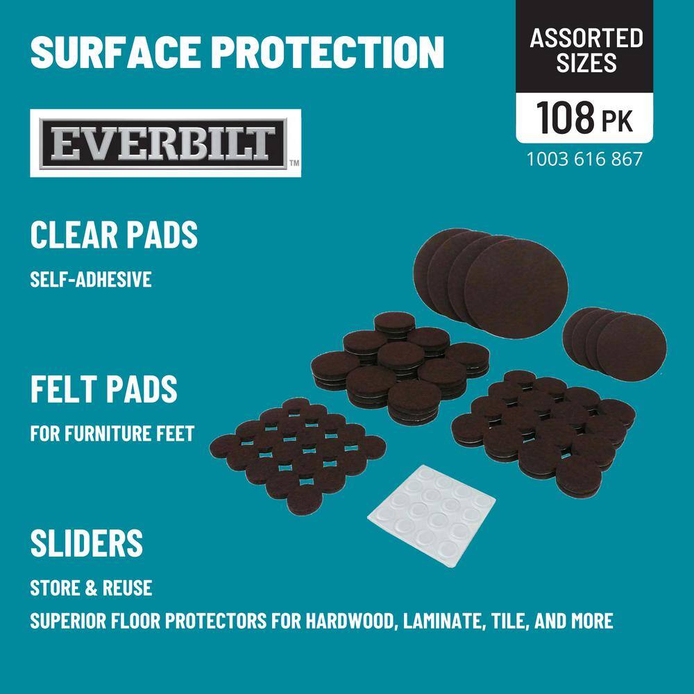 Everbilt Assorted Self-Adhesive Round Furniture Sliders Felt Pads for Hard Floors and Surface Bumpers Value Pack (108-Piece) 4760444EV