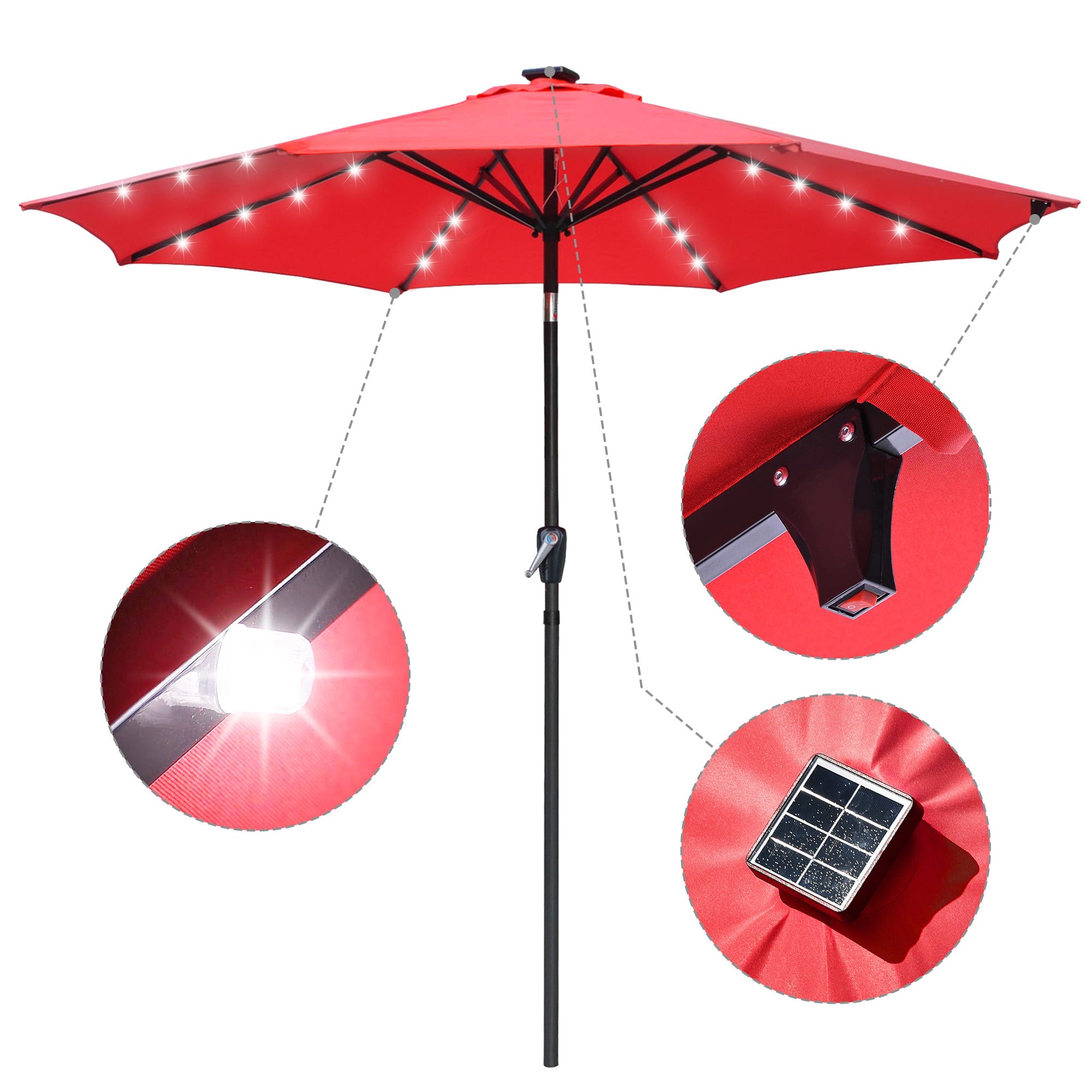 LAGarden 9Ft LED Lighted Patio Market Umbrella Outdoor Solar Powered Table Umbrella 8 Ribs 32 Lights UV30 Red