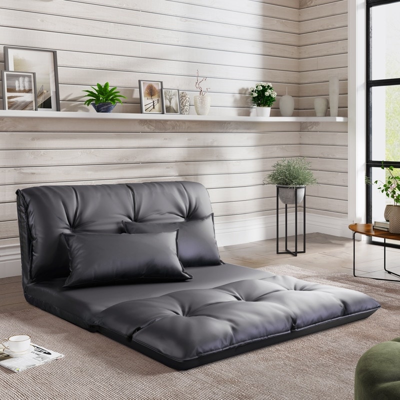 PU Leather Floor Chair Adjustable Sofa Bed with Pillows