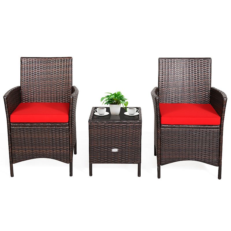 3 Pieces Patio Rattan Furniture Set Cushioned Sofa and Glass Tabletop Deck