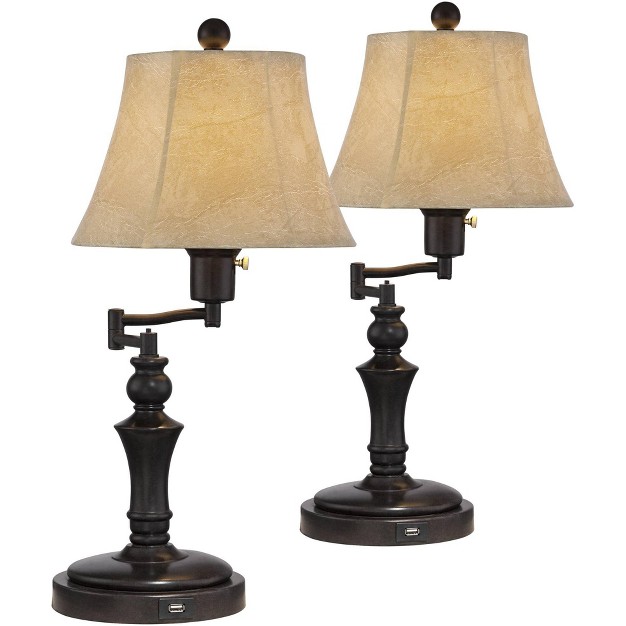 High Set Of 2 With Usb Port Bronze Metal Faux Leather Shade For Living Room Bedroom