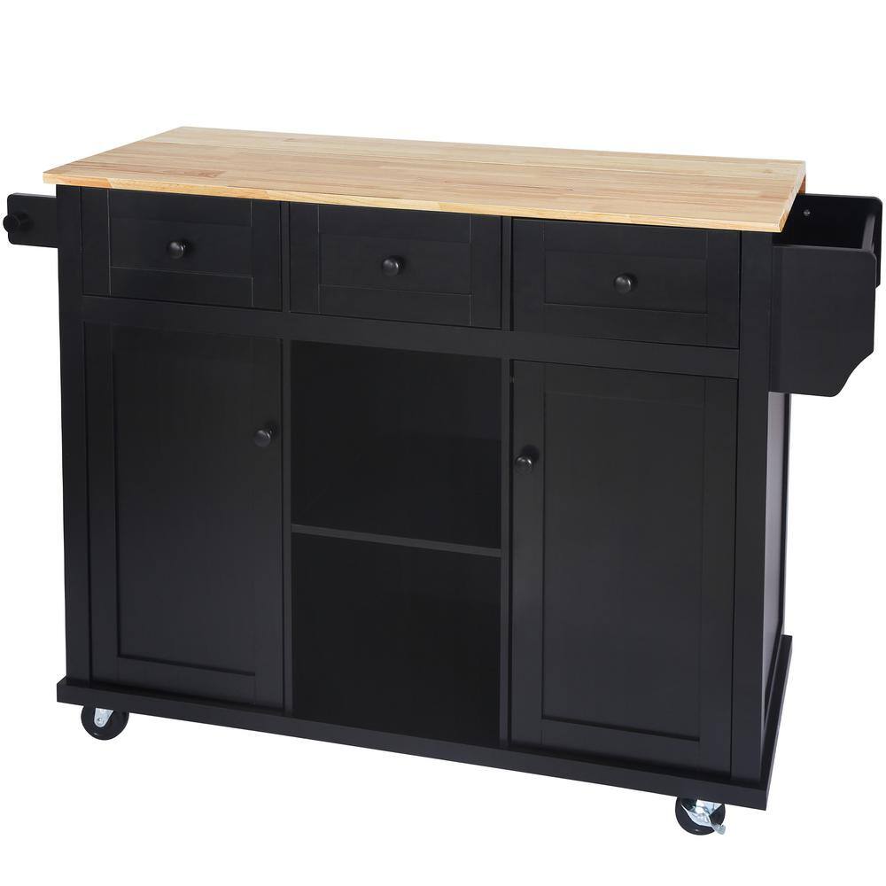 Zeus  Ruta Black Rubber wood 53.1 in. Kitchen Island Drop-Leaf Countertop Cabinet Internal Storage Racks Kitchen Island on 5 Wheels K-16HEGHVDGS