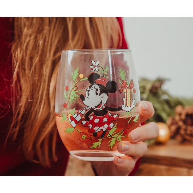 Silver Buffalo Disney Minnie Mouse Christmas Wreath Stemless Wine Glass Holds 20 Ounces