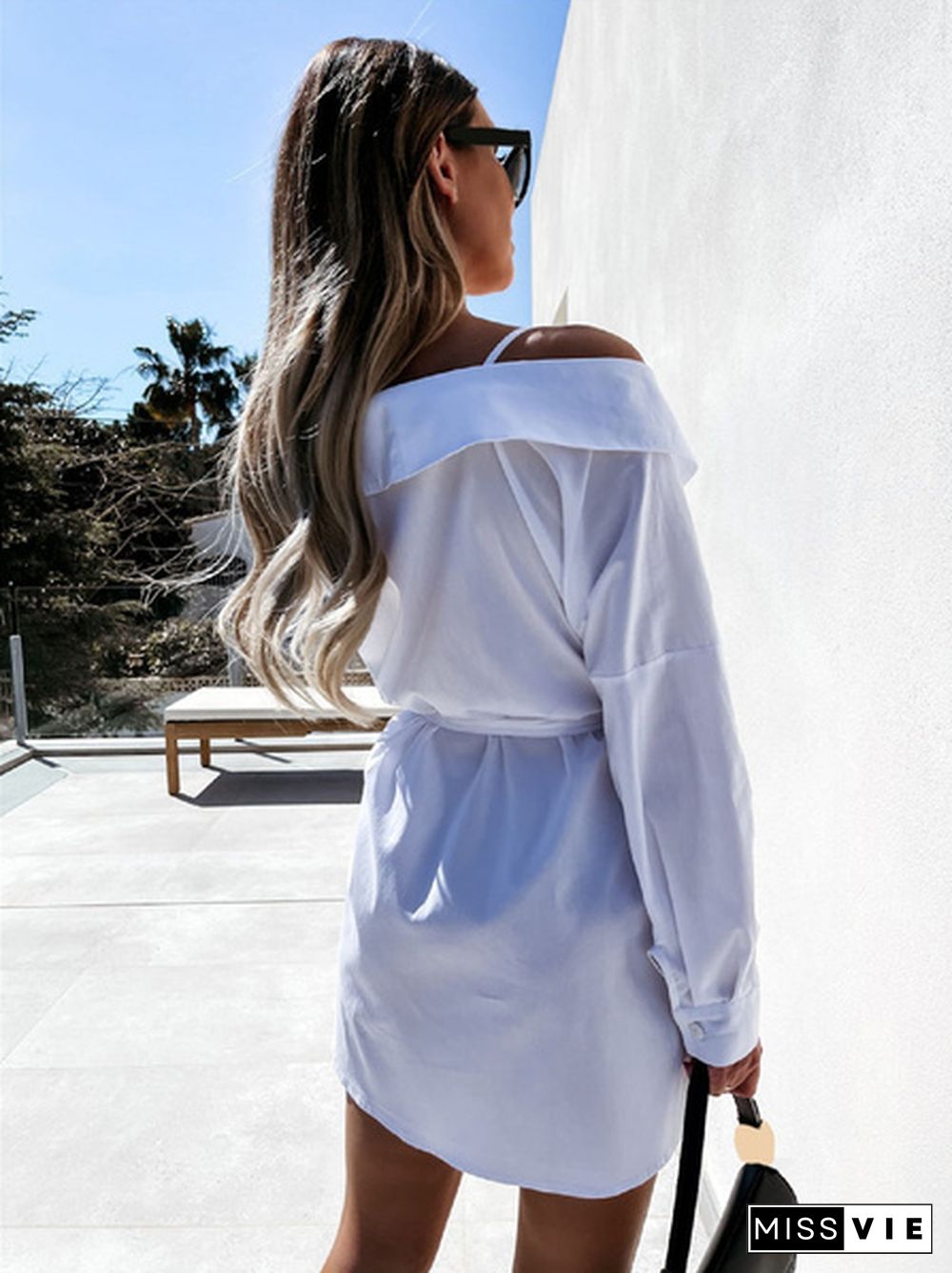 Turn-down Collar Long Sleeves Spaghetti Strap Off Shoulder Dress Casual Shirt Dress OL Office Dress Vestidos