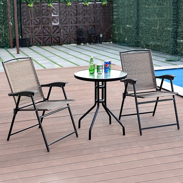 Costway 3PC Bistro Patio Garden Furniture Set 2 Folding Chairs Glass