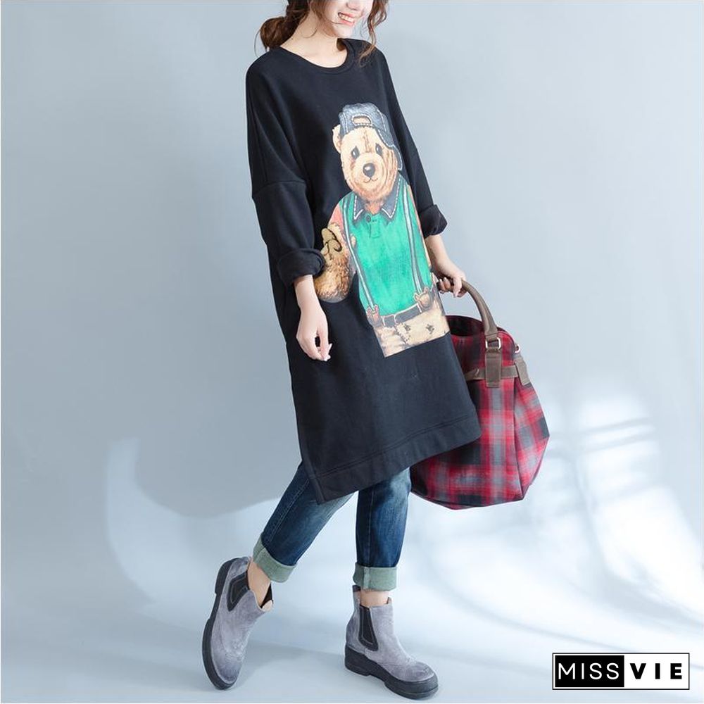 plus size casual black cartoon print cotton dresses long sleeve mid long t pullover