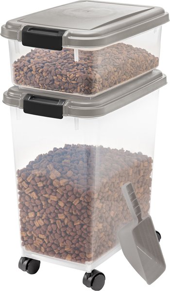 IRIS USA 3-Piece WeatherPro Airtight Stackable Dog， Cat and Bird Food Storage Container Combo with Scoop and Treat Box