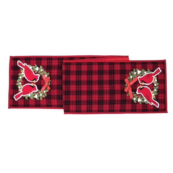 72 x 13 Christmas Holiday Red Cardinal with Wreath Red and Black Plaid Cotton Table Runner