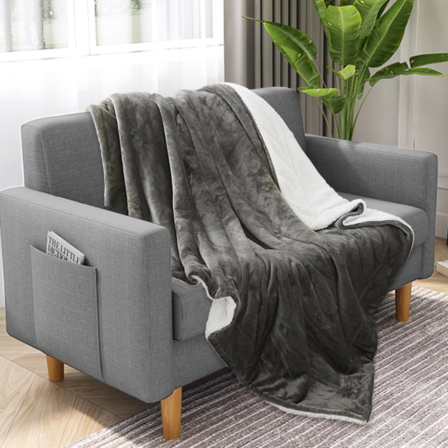 JML Sherpa Fleece Throw Blanket，Soft Warm Plush Blanket for Bed Sofa Couch，Grey