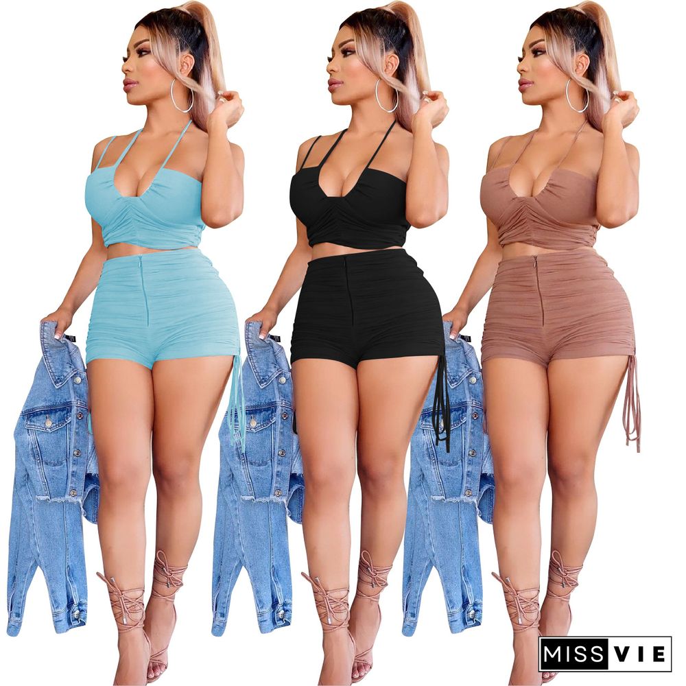 Women Halter Drawstring Crop Tops Shorts Bodycon Two Piece Set