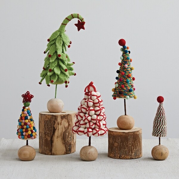 Handmade Wool Felt Tree with Pom Pom and Wood Ball Base