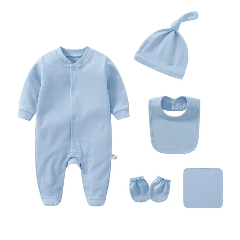 Baby Set Newborn Baby Boy Girl Clothing 100% Cotton Long Sleeved Solid Color Rompers Hat Bib Suit 0-3 Months Infant Products