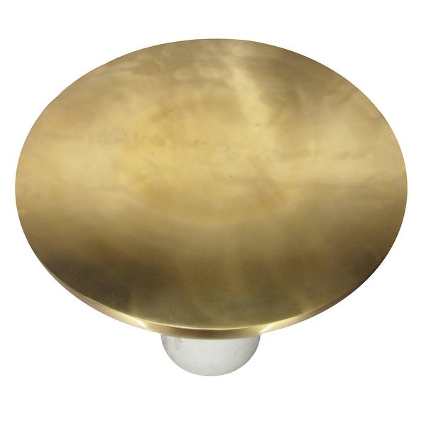 17 Inch Round Brass Modern Accent End Table with Cylindrical Marble Base， Brass， White