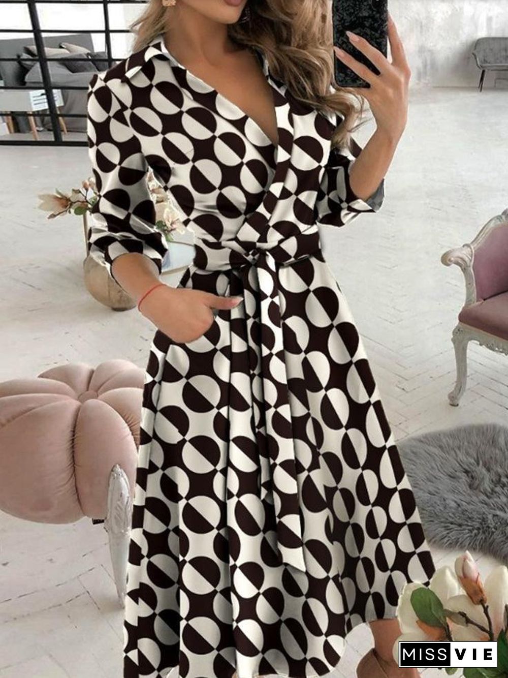 Long Sleeve V-Neck Polka Dot Print Dress