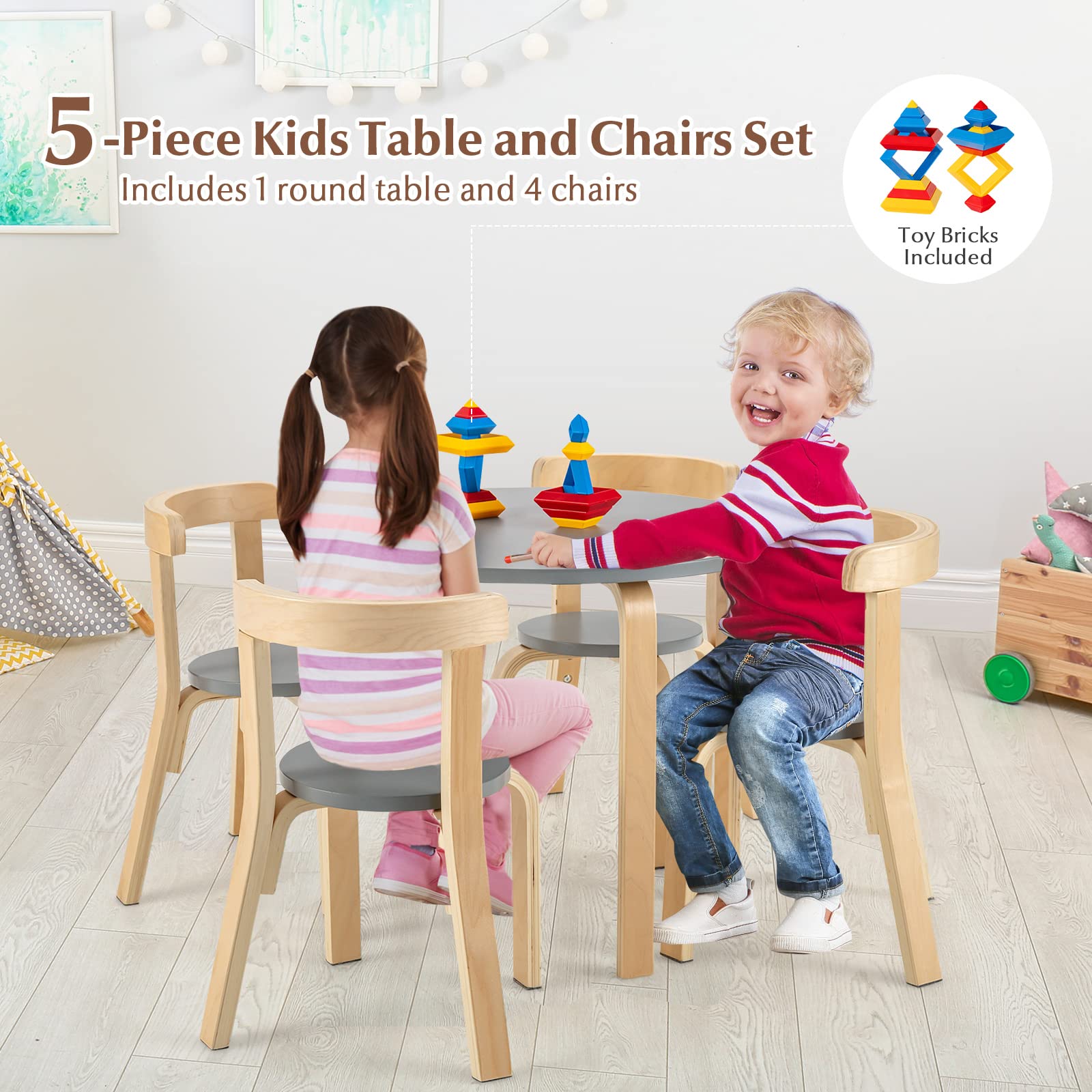 Costzon Kids Table and Chair Set, 5-Piece Wooden Activity Table w/ 4 Chairs