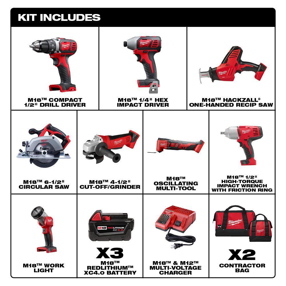 MW M18 18V Lithium-Ion Cordless Combo Kit (8-Tool) with SHOCKWAVE Bit Set (50-Piece) 2691-28XC-48-32-4024