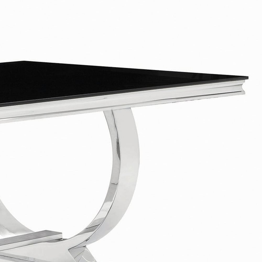 Dining Table with Glass Top and Trestle Base  Black and Chrome