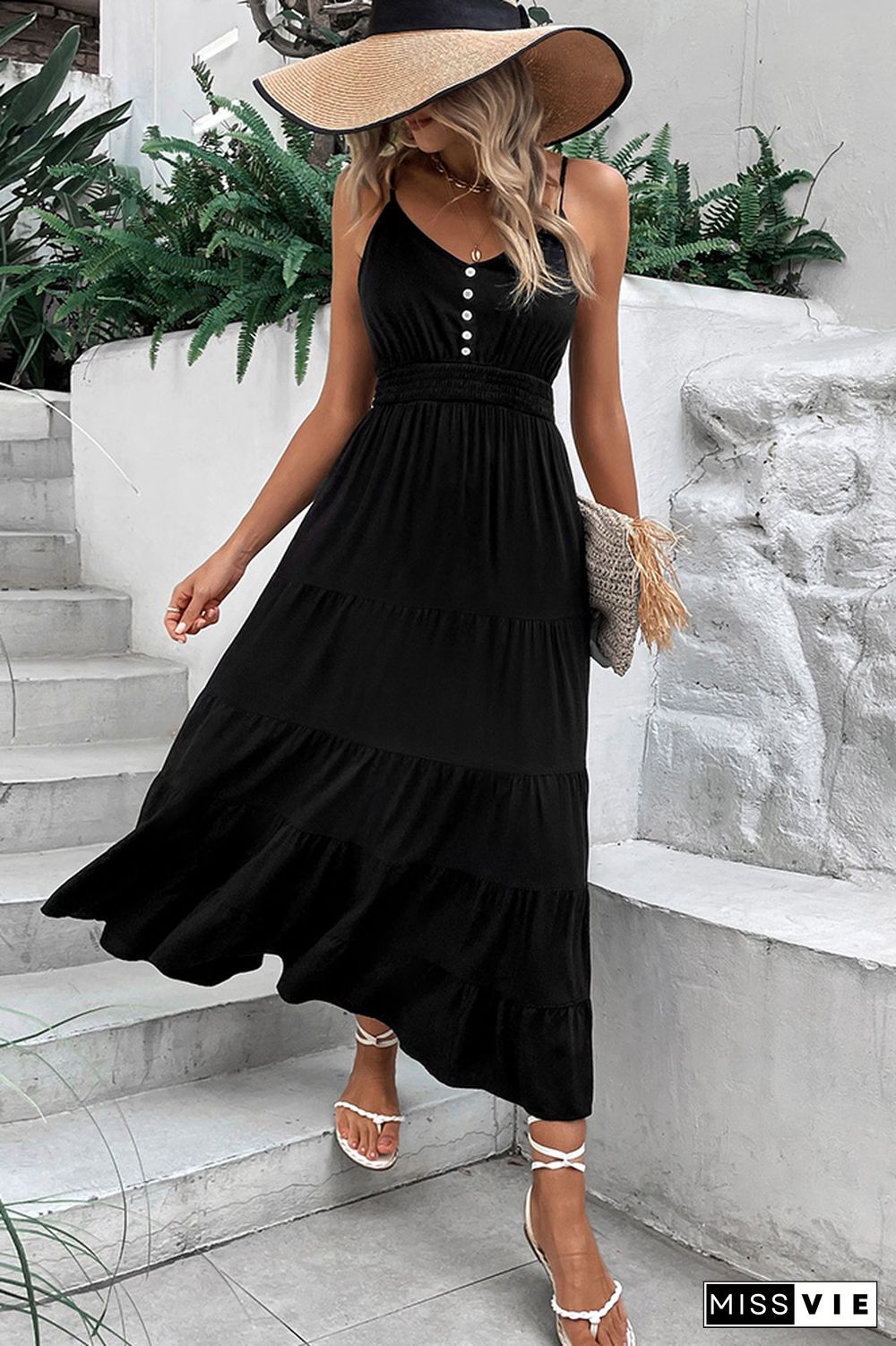 Black V Neck Buttoned Smocked Waist Maxi Dress